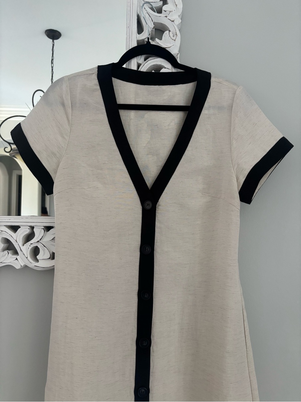 ✨COMMENSE Cotton & Linen High-Slit Contrast Trim Dress Black and White✨ - Picture 2 of 10